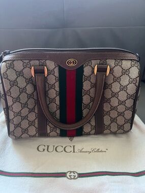 Gucci Vintage Brown Leather Monogram Top-Handle Bag with Green and Red Stripe
